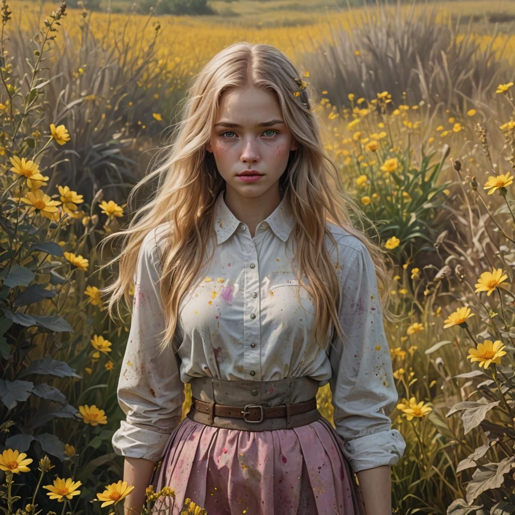 Woman in Flower Field: Detailed Matte Painting