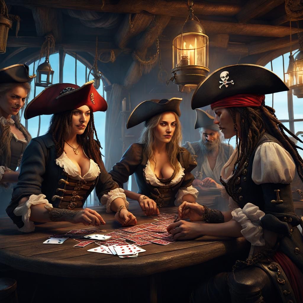 Women Pirates Play Cards in Tavern: Matte Painting