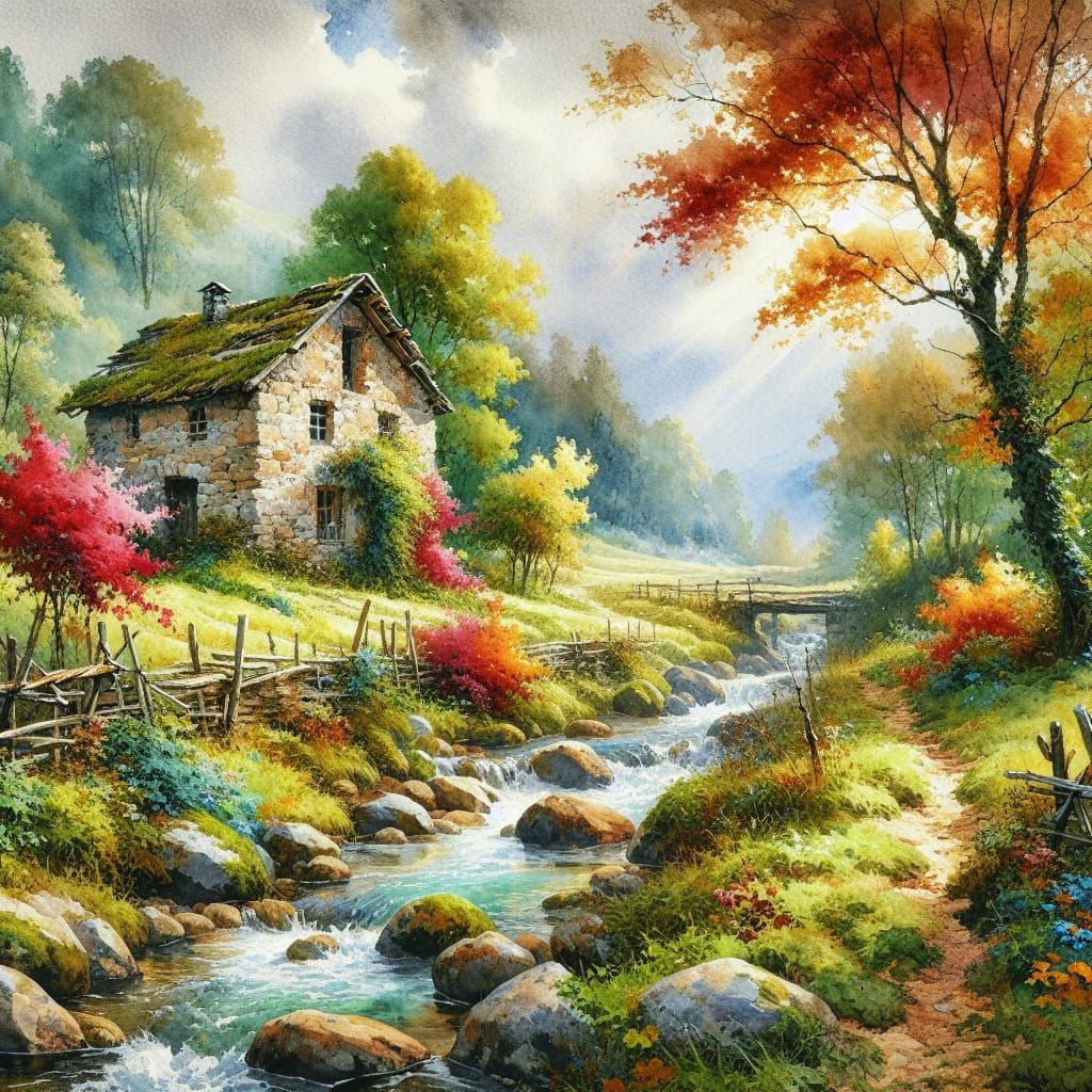 Autumn Countryside Cottage in Watercolor Style