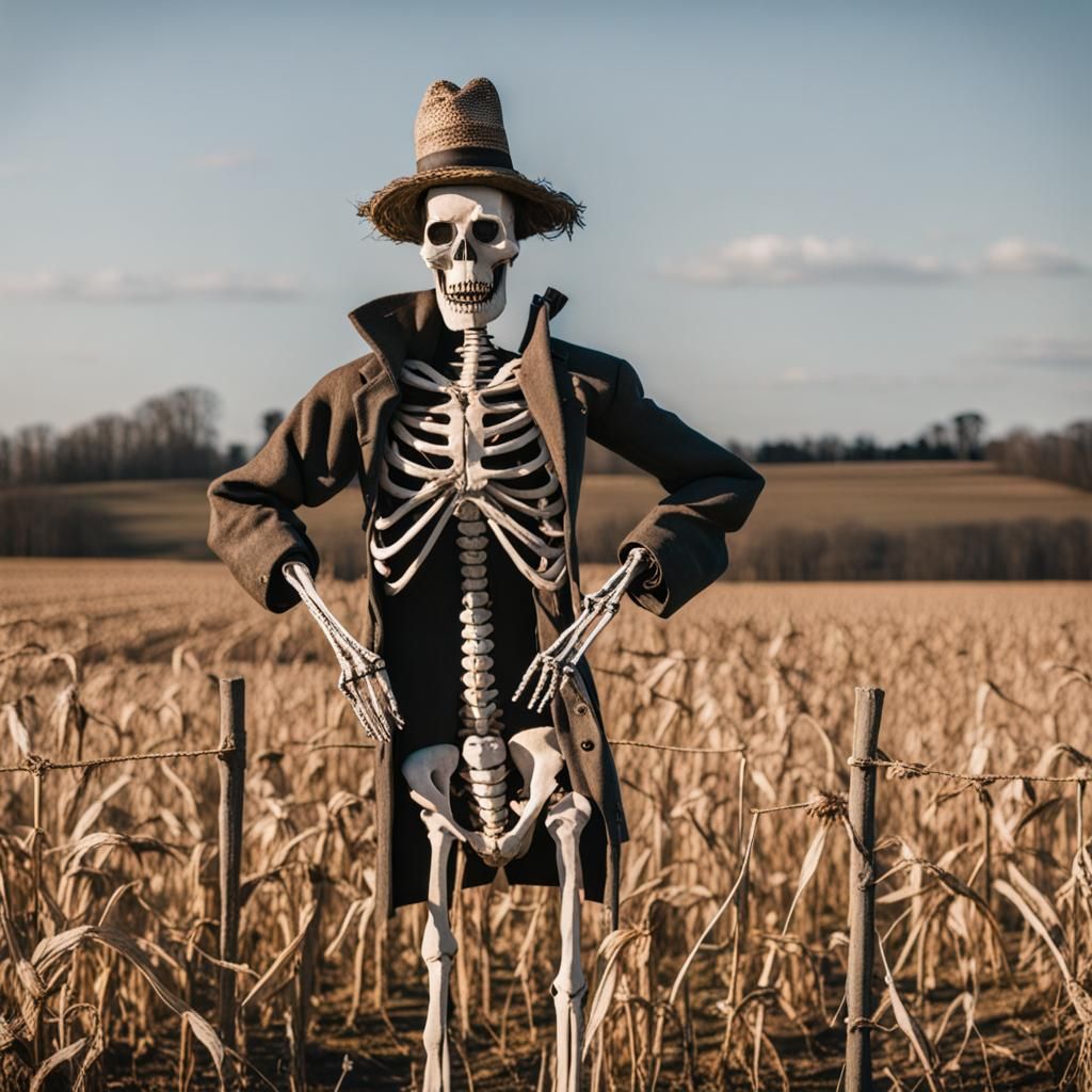 Skeleton Scarecrow Guarding Farmer's Field