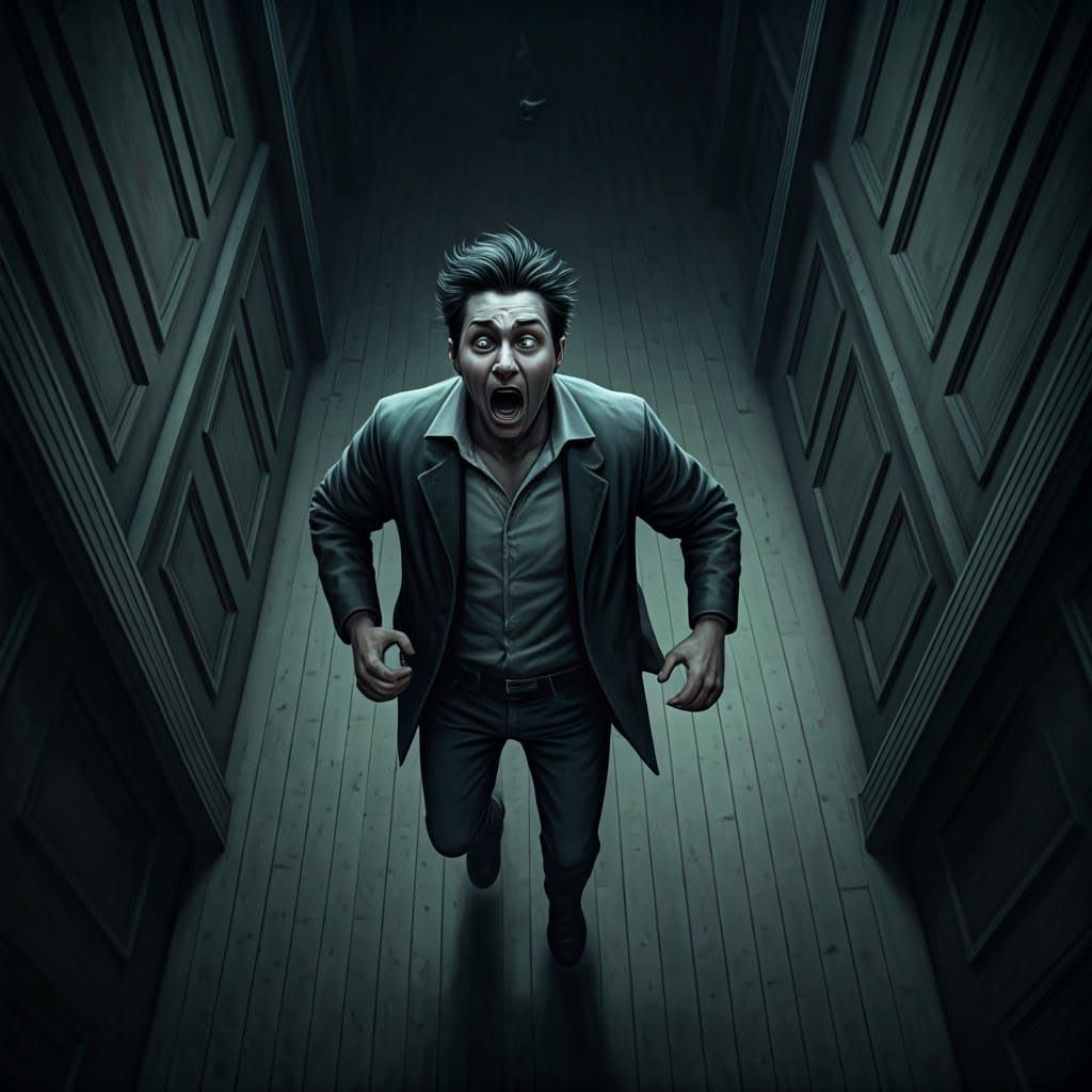 Man Fleeing Kitten in Sinister Watercolor Landscape