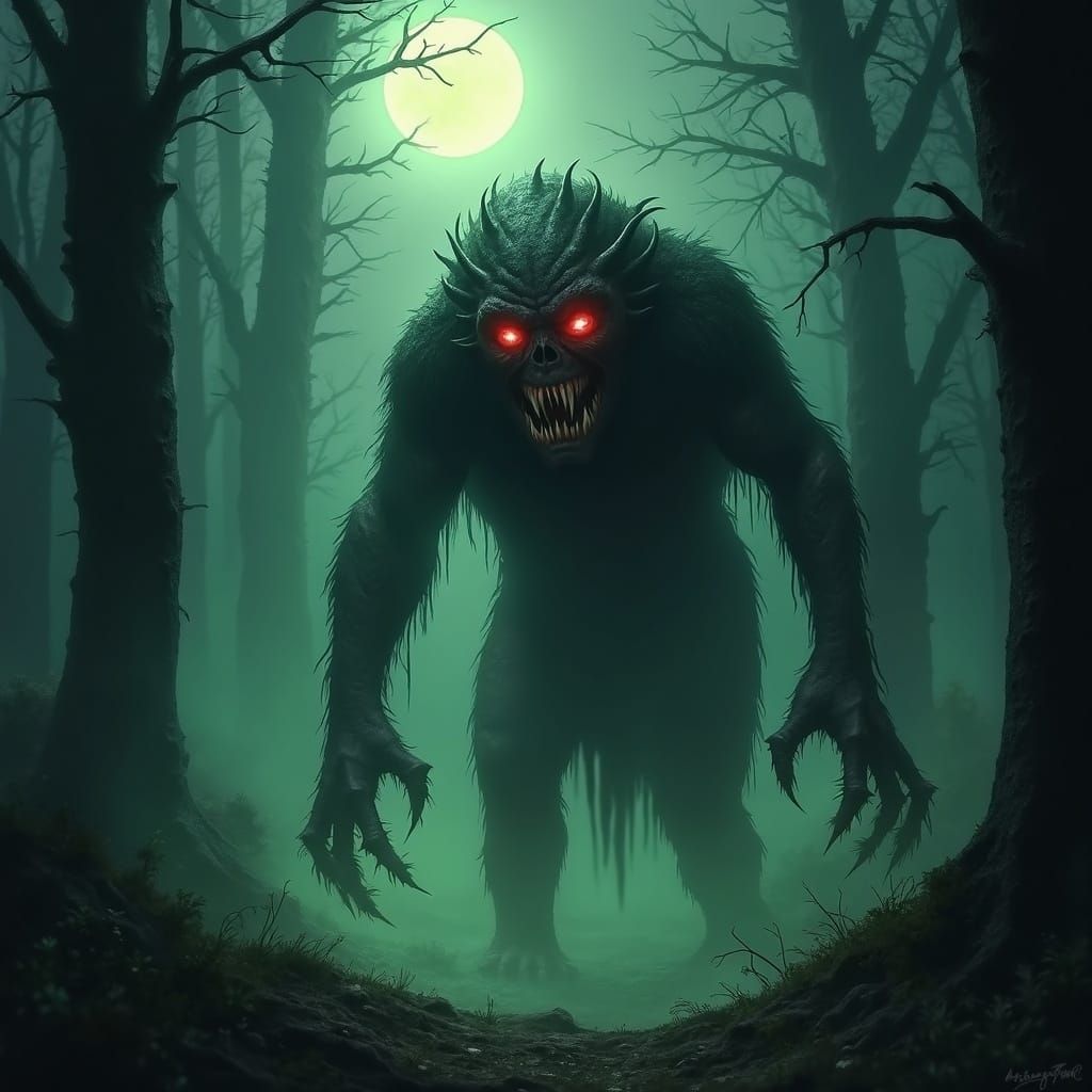 Fearsome Forest Creature with Glowing Eyes in Dark Fantasy S...