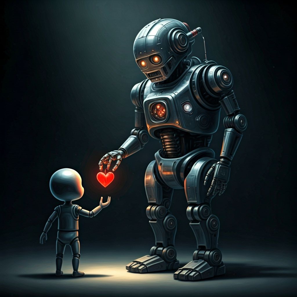 Robot Offers Chrome Heart to Human in Digital Painting
