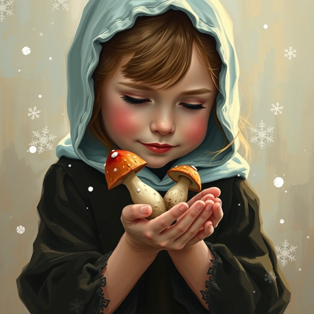 Girl with Mushroom Child in Impressionist Oil Painting