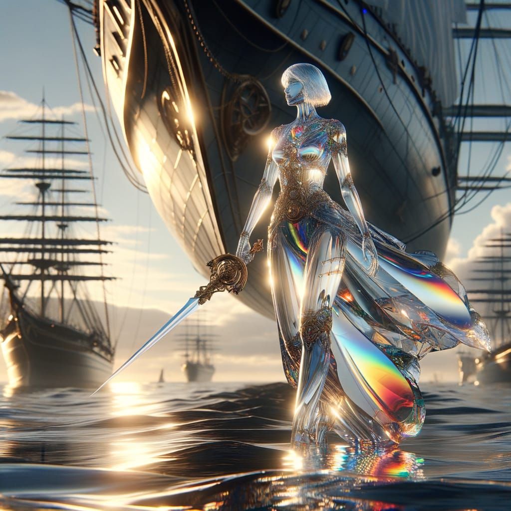 Crystal Clear Glass Woman Walks on Hovering Airship