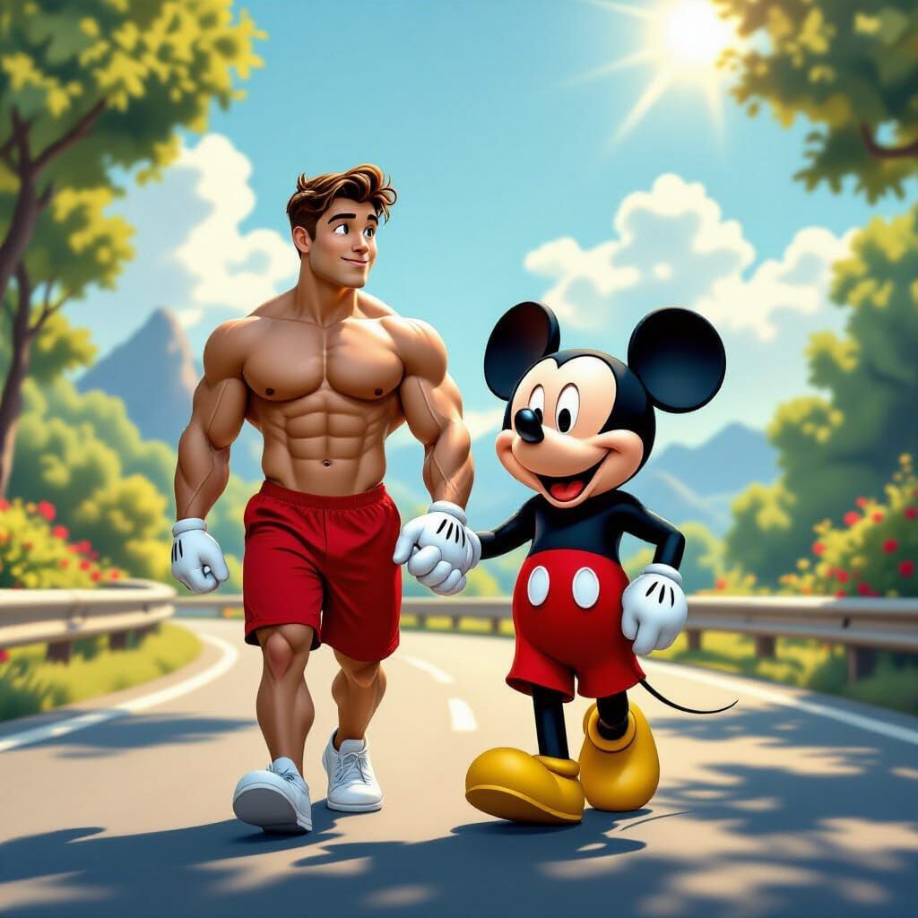 Mickey Mouse and Muscular Man on Scenic Drive