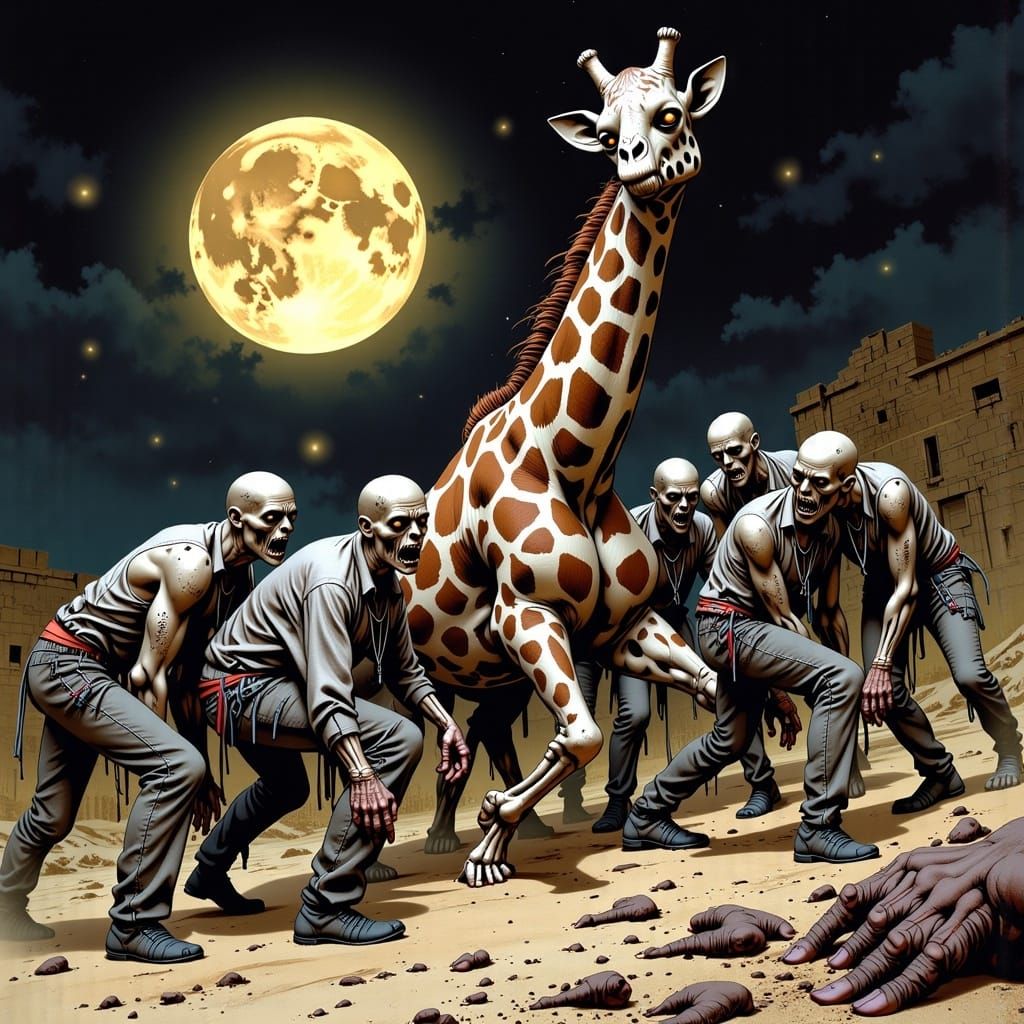 Zombies Devouring Giraffe in Dystopian Landscape