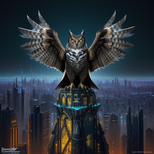 Cybernetic Great Horned Owl in a Futuristic City