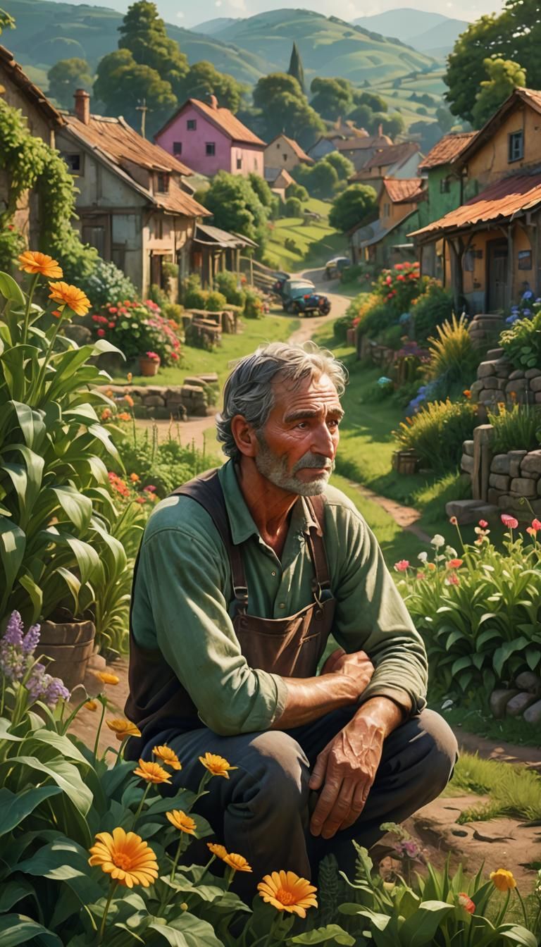 Farmer in Village, Hyperrealistic Digital Art