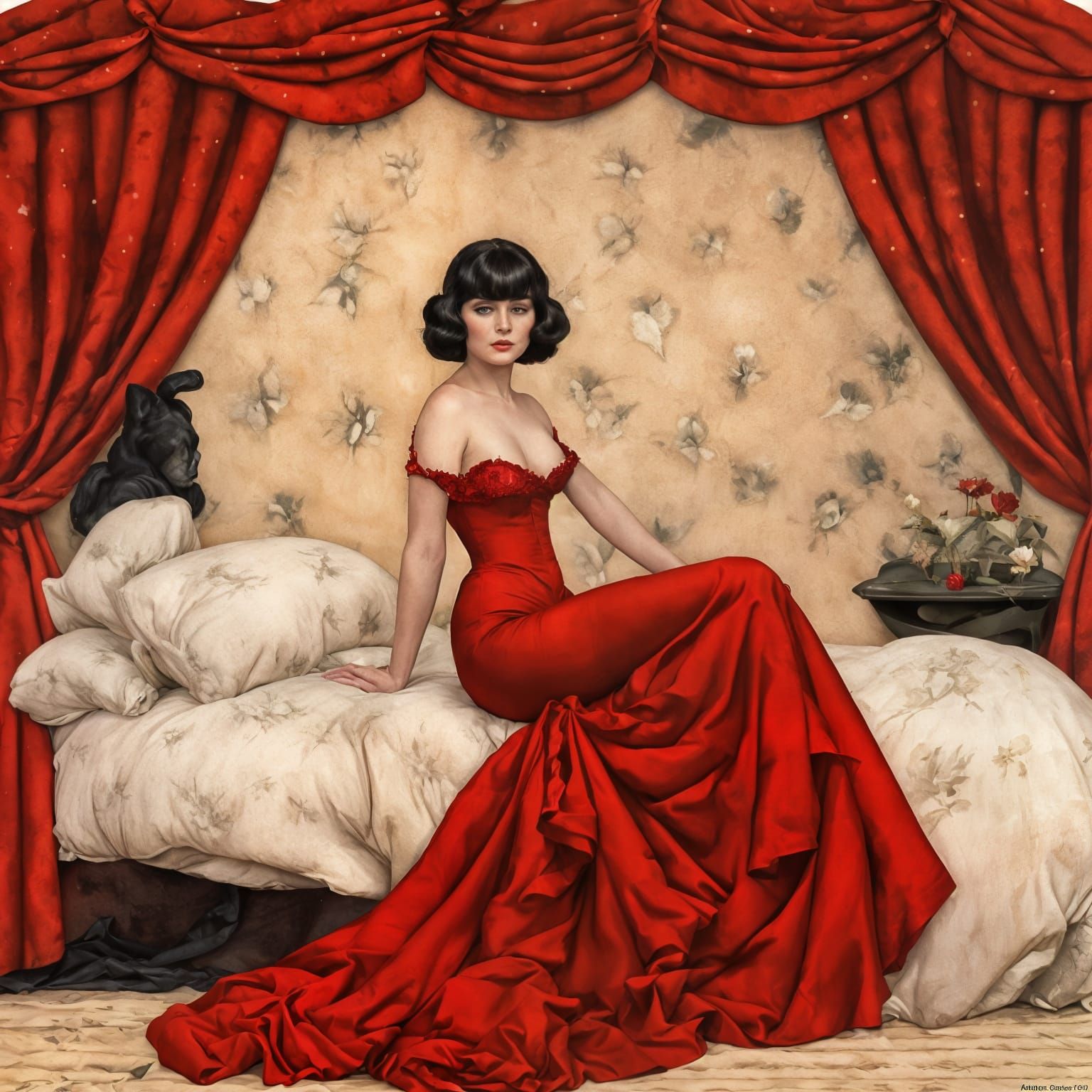 Elegant Woman in Red Dress, Classic Painting Style