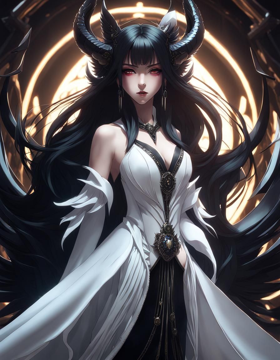 Anime Demon Girl with White Horns and Wings