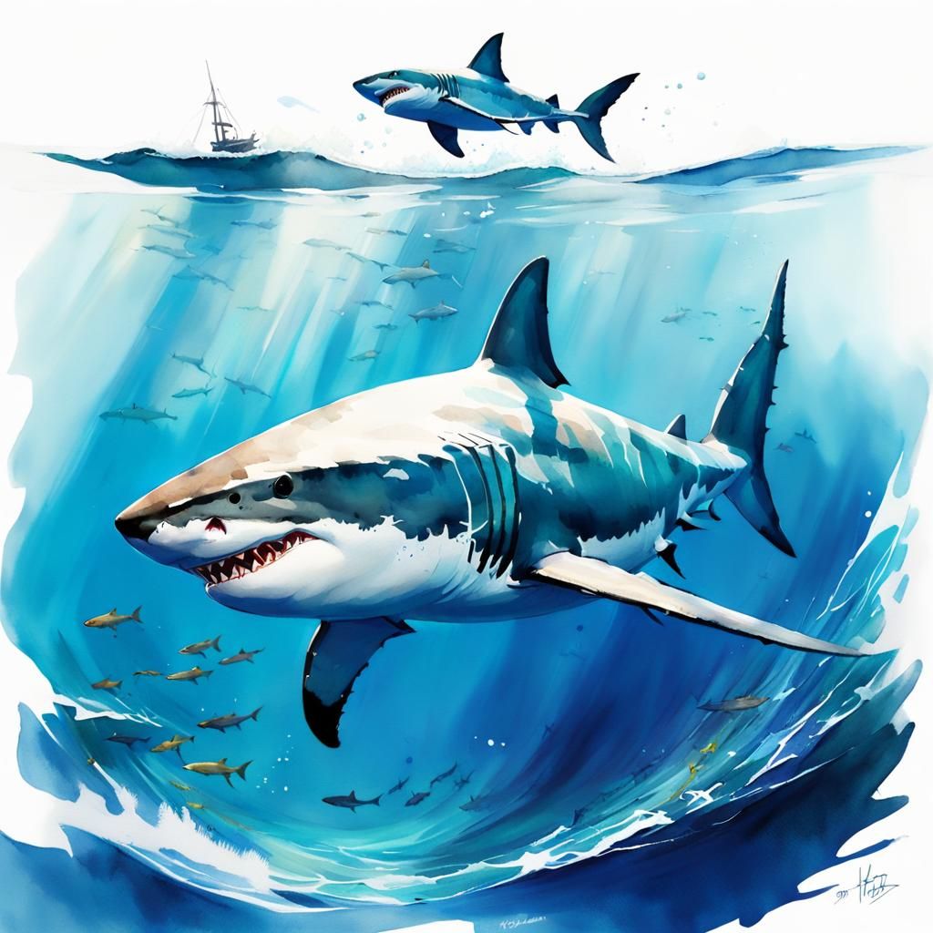 Cute Great White Shark Watercolor Painting
