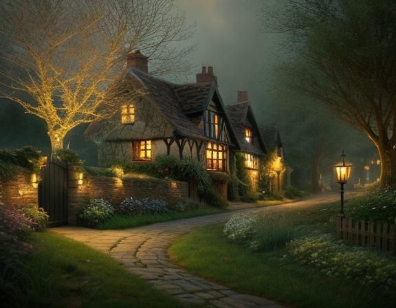 Enchanting Old English Village in Oil Painting Style