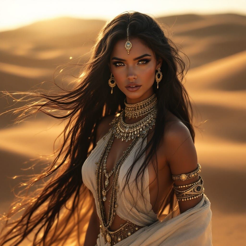 Nomadic Desert Queen in Golden Hour Light, Photorealistic