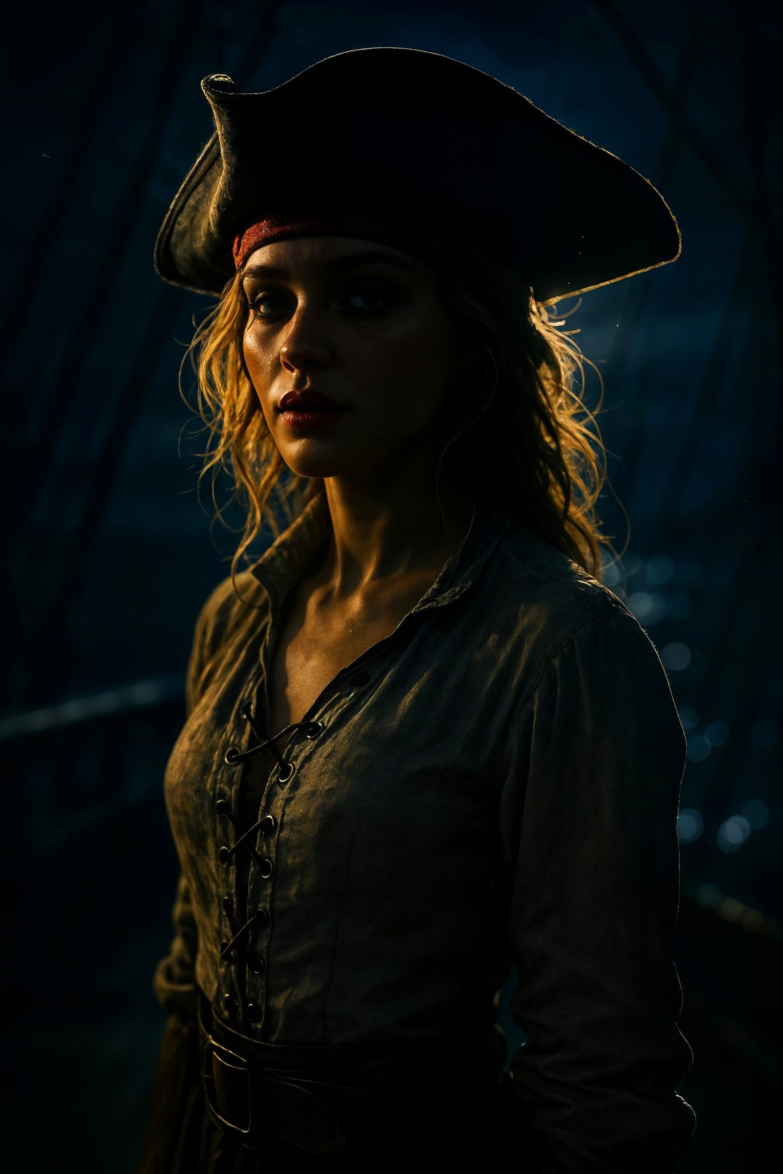 Moonlit Pirate Woman on Ship Deck
