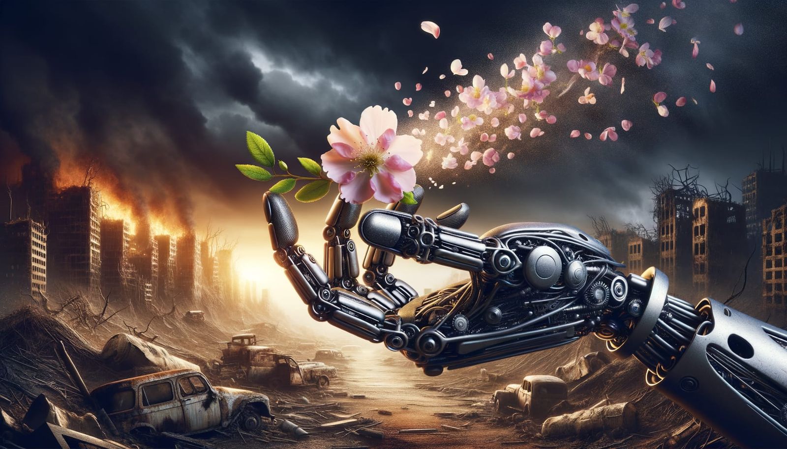 Mechanical Hand Nurturing Life in Wasteland