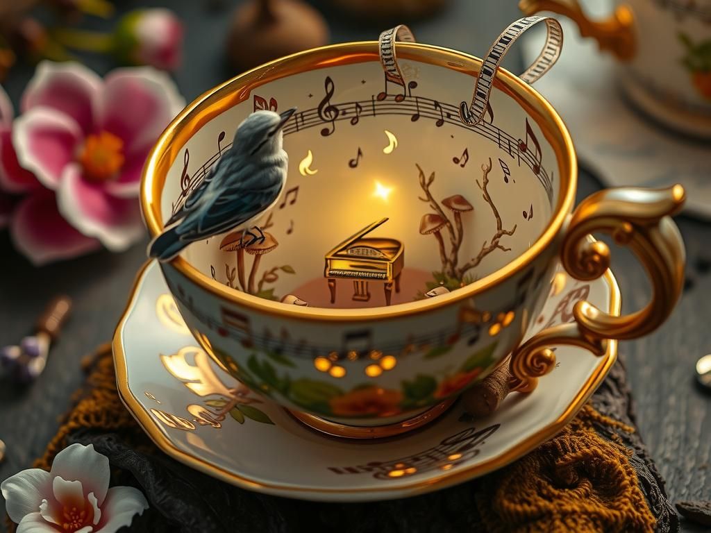 Miniature Forest Teacup with Singing Bird in Fantasy Art