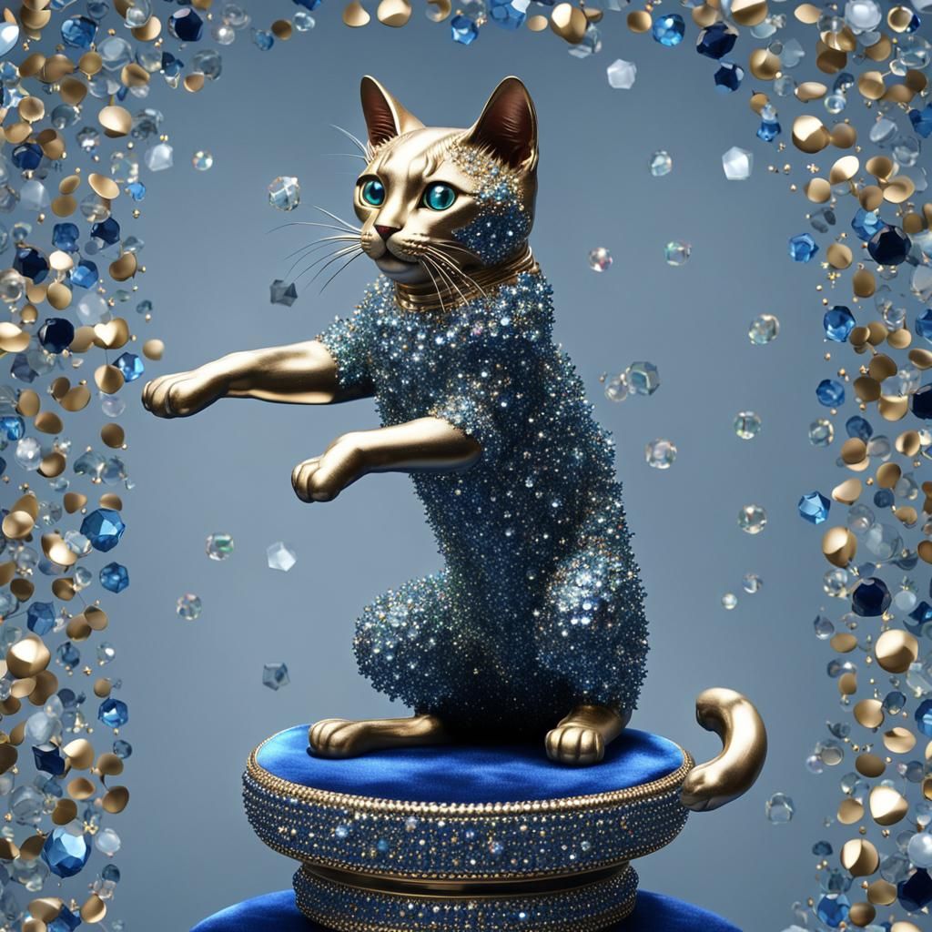 Gemstone Cat Statue on Blue Velvet