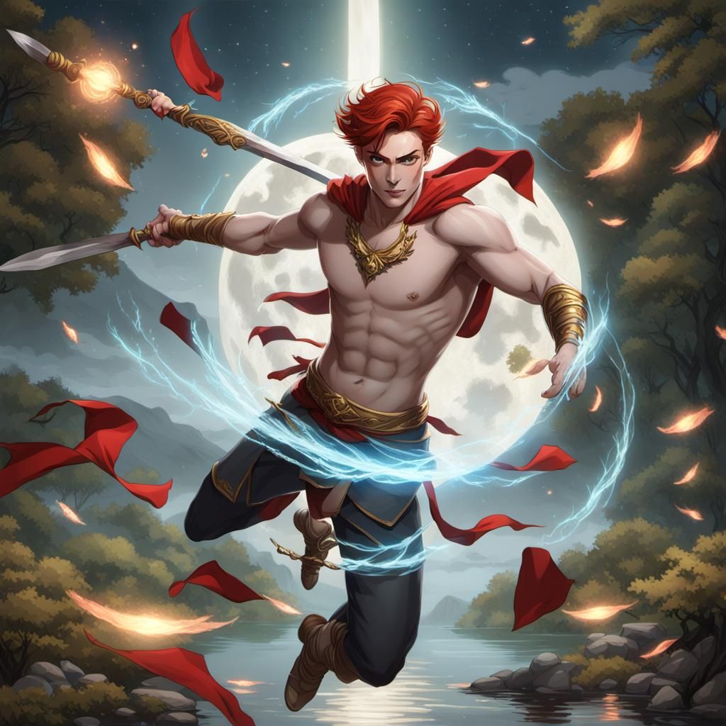 1950s Battle Mage Soaring Under Moonlight