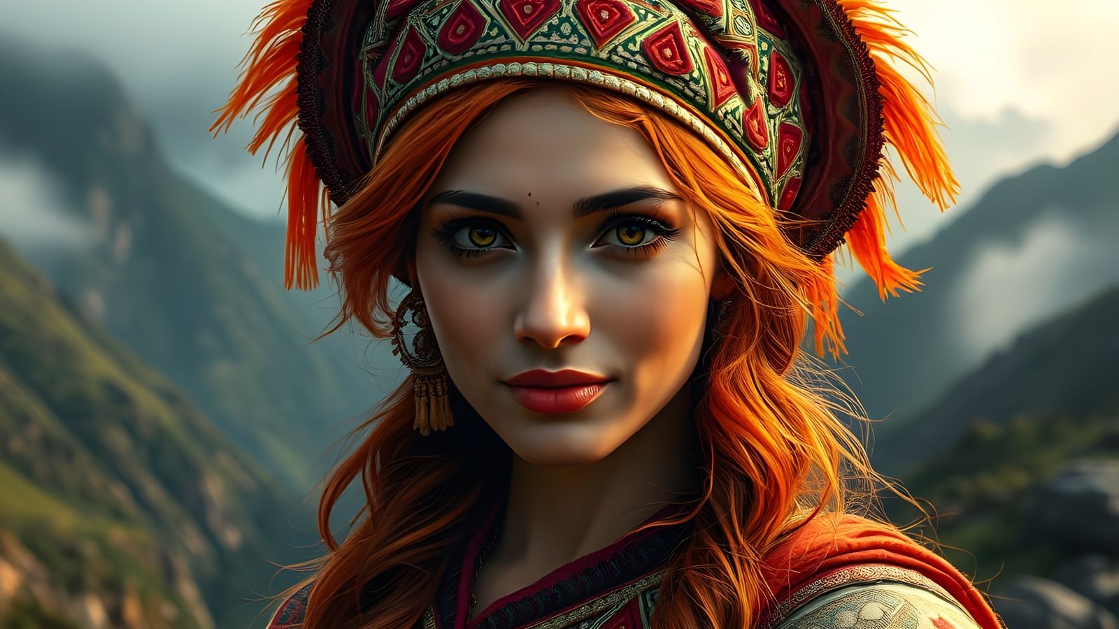 Majestic Red-Haired Indian Woman in Vibrant Mountain Landsca...