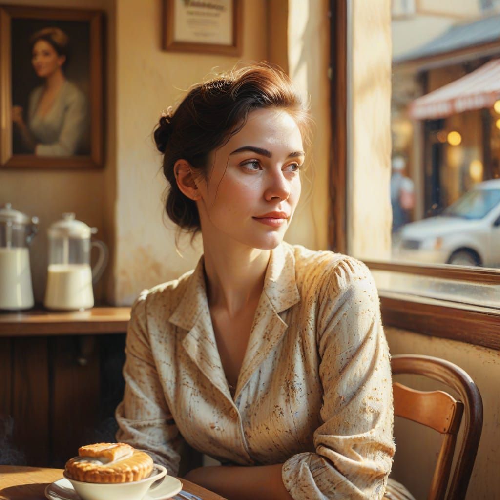 Vintage Woman at French Cafe Bakery in Warm Oil Painting Sty...