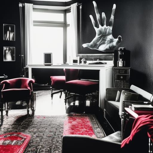 Creepy Hands penthouse with Black walls with dusty gray creepy hands all over The walls& white creepy hand furniture& wh...
