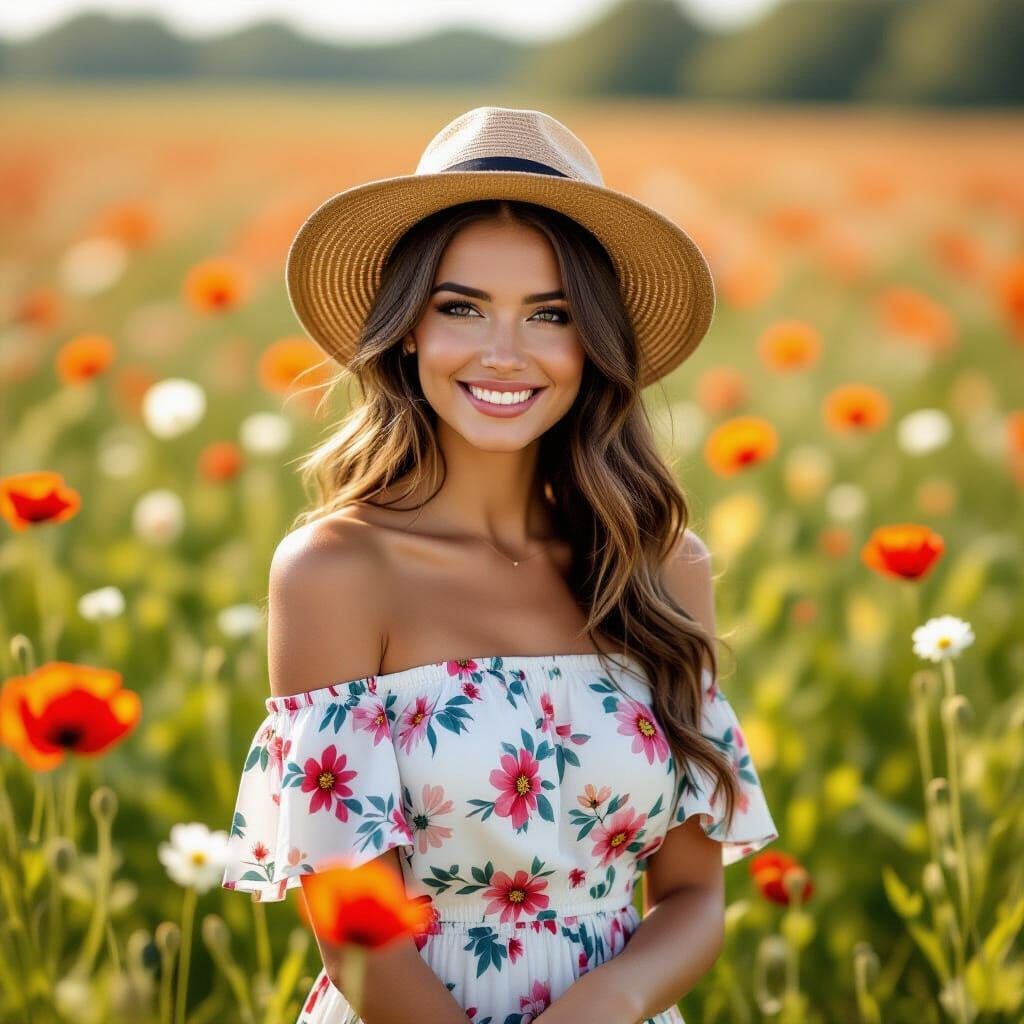 Woman Smelling Rose in Colorful Flower Field
