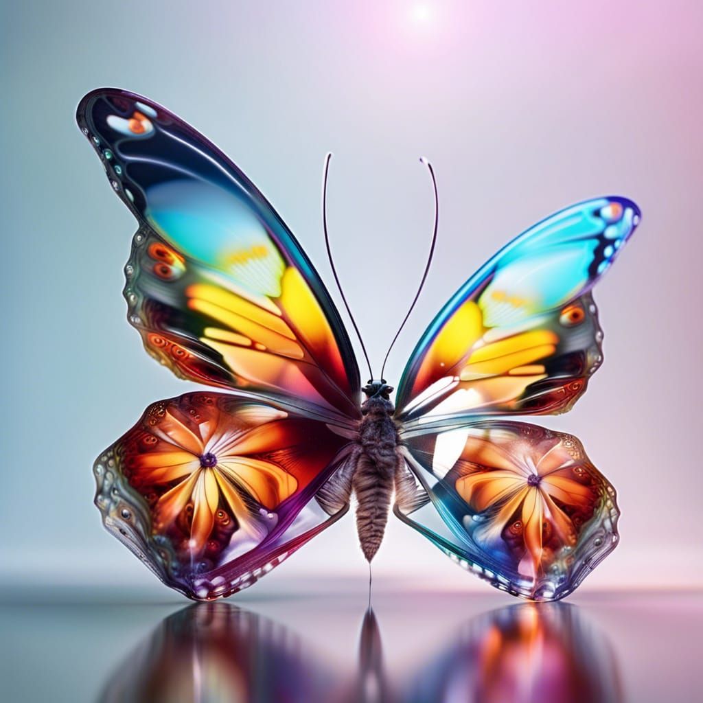 Glass Wing Butterfly on Flower, Hyperrealistic Splash Art