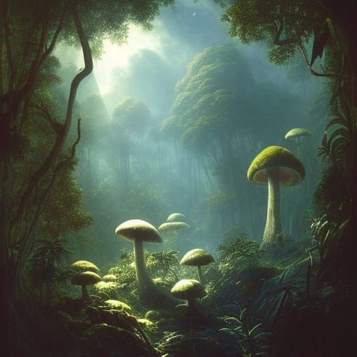 Luminescent Magic Mushroom Island in Tropical Jungle