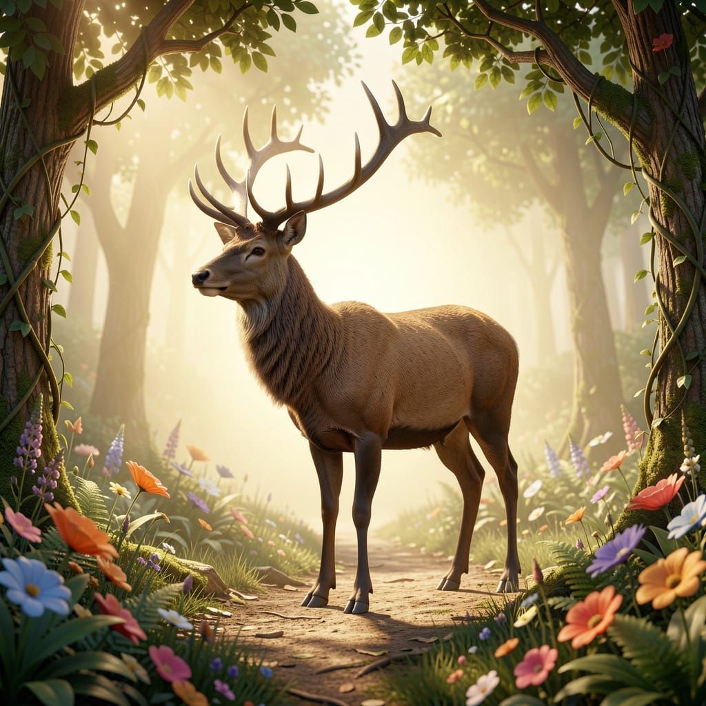 Majestic Stag Amidst Forest Flowers in Cinematic 3D Art