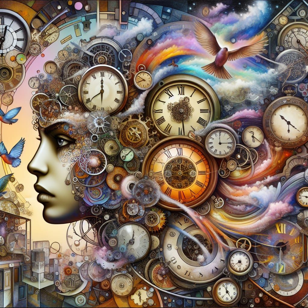 Surreal Portrait of Woman Amidst Time's Flux