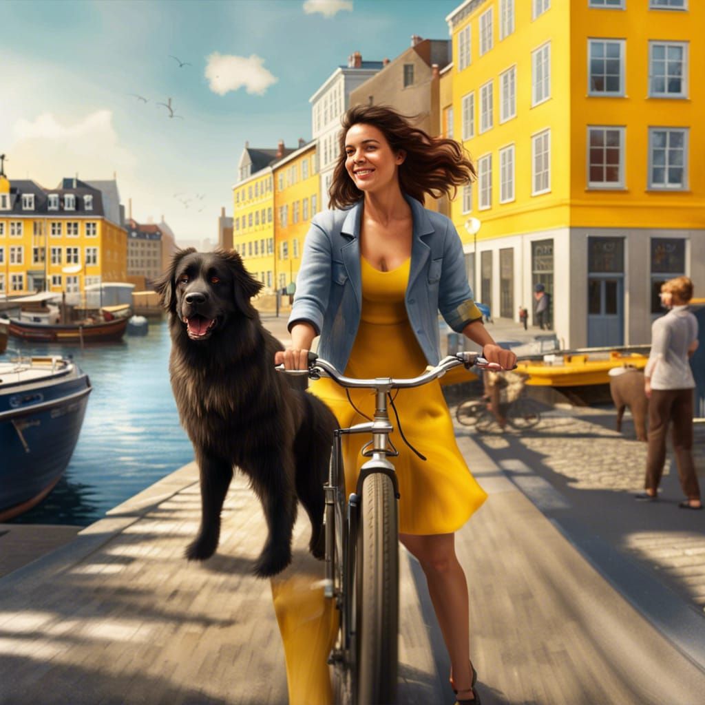 woman ridenig a bike, a newfoundland dog stand on the pavement,.