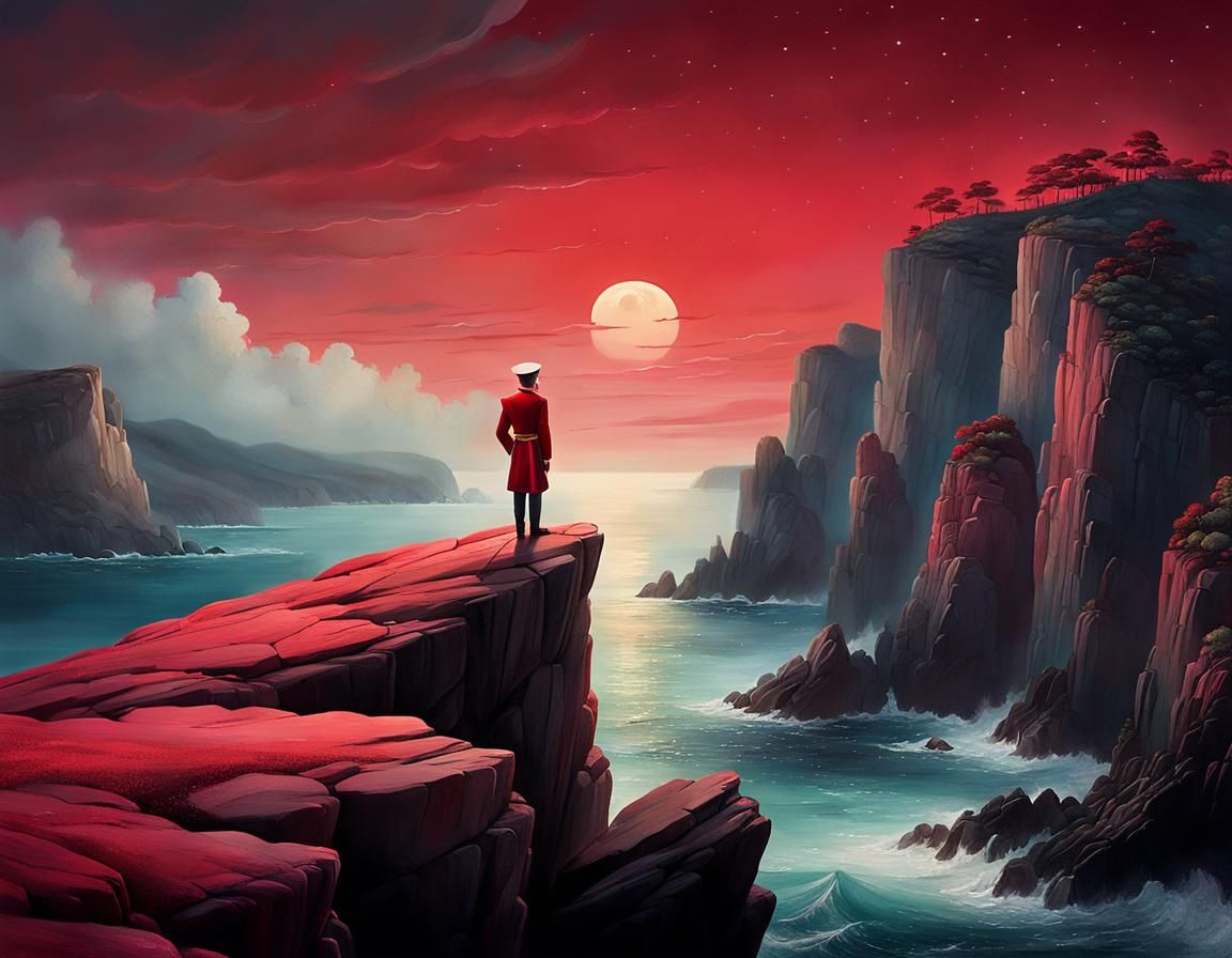 Sailor Gazing at Red Night Sky Illustration