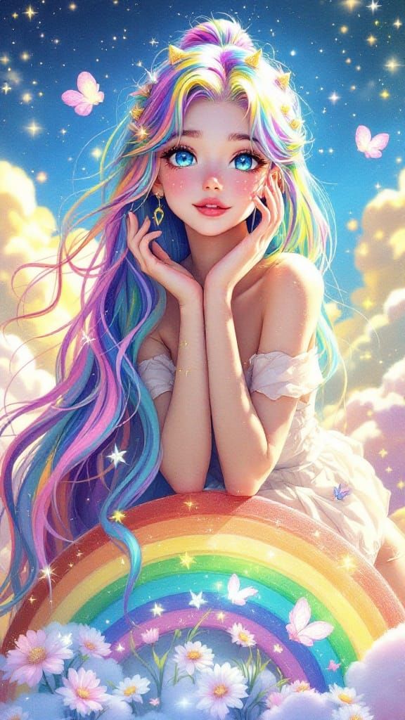 Vibrant Anime Goddess with Rainbow Hair and Whimsical Magic