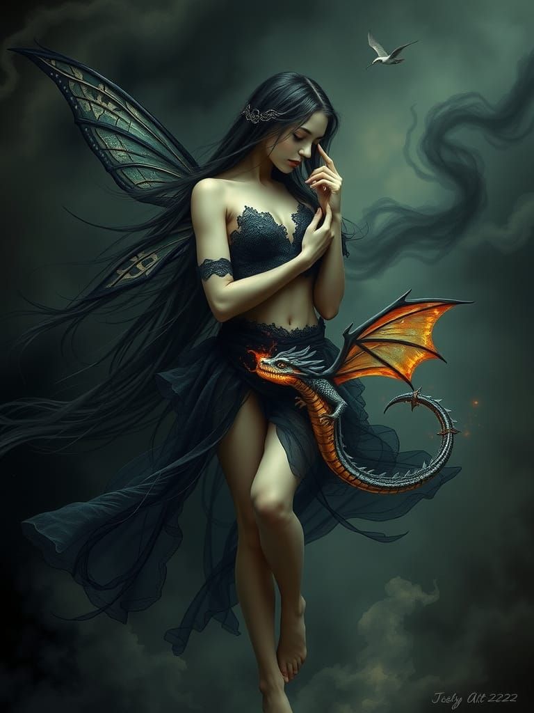 Dark Fairy with Dragon in Romanticist Style