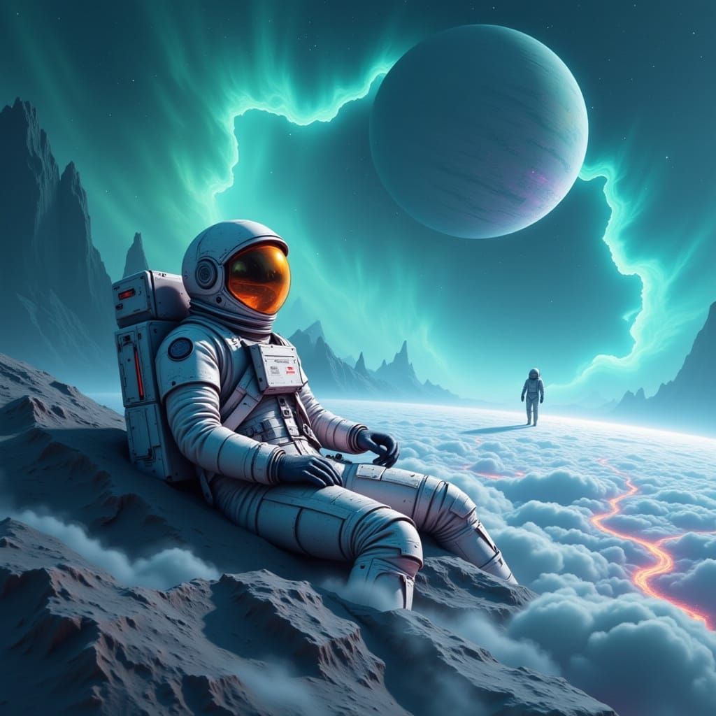 Astronaut Adrift Near Alien Ship: Emerald & Amethyst Nebulae