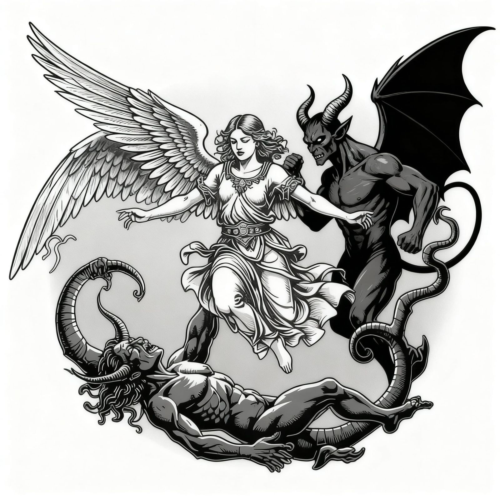 Angel vs. Demon Linear Tattoo Art