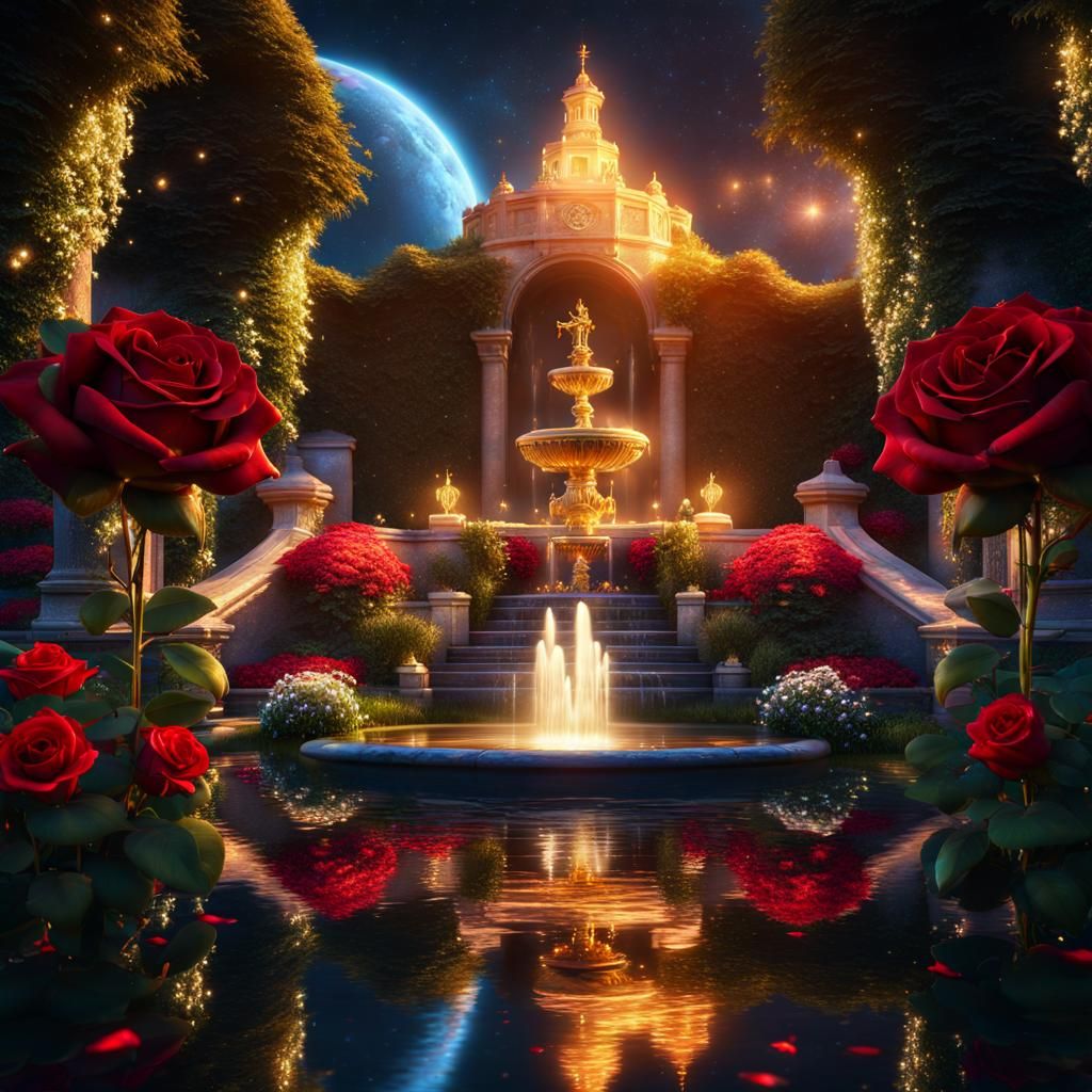 Enchanted Rose Garden with Waterfall, Fantasy Concept Art