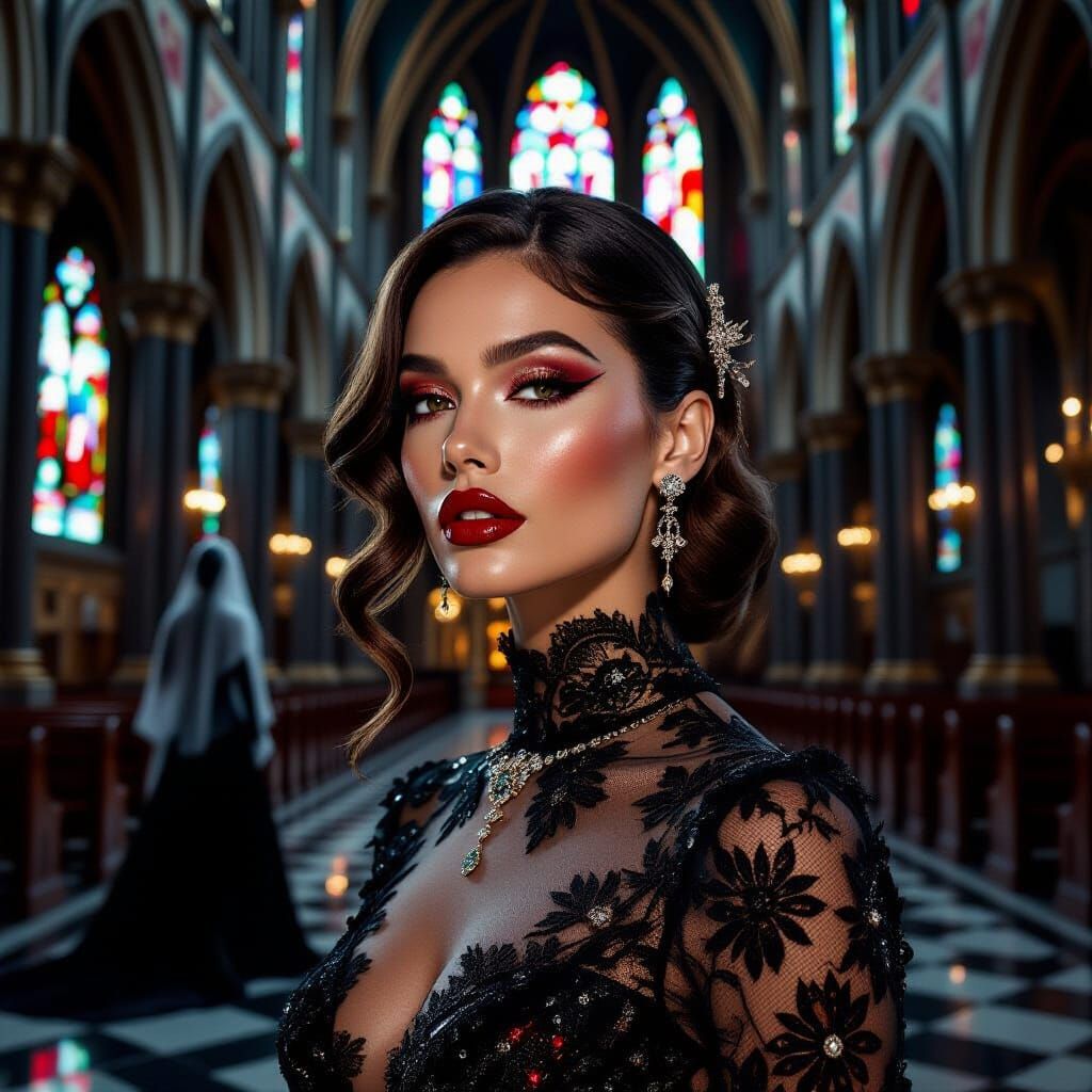 Ghostly Encounter in Gothic Cathedral: Hyperrealistic Editor...