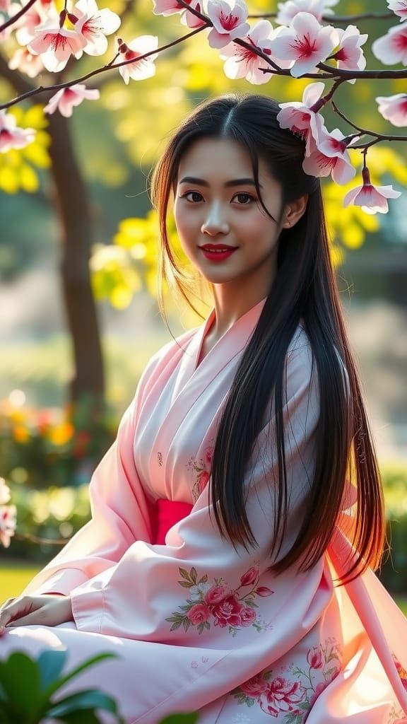 Serene Asian Goddess in Blossoming Paradise
