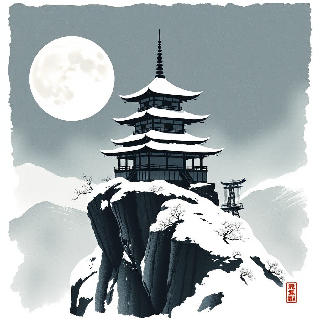 Snowy Pagoda on Cliff in Sumi-e Style