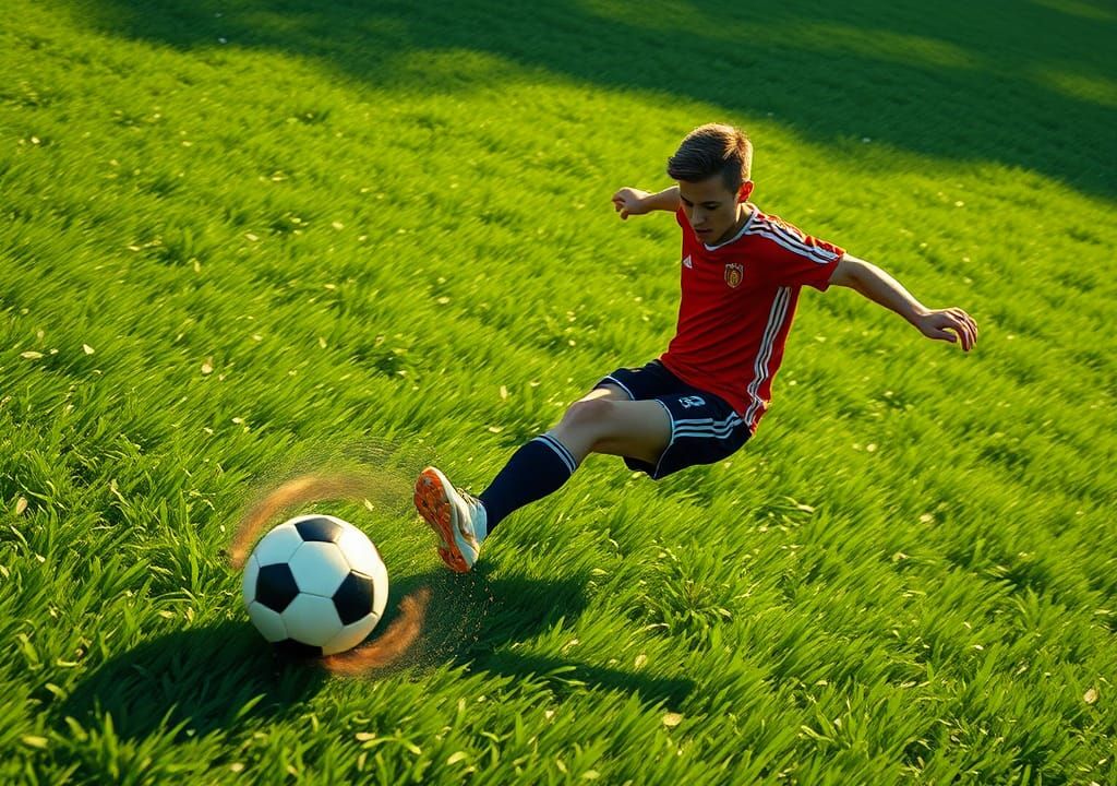 Football Player Kicking Ball on Green Field