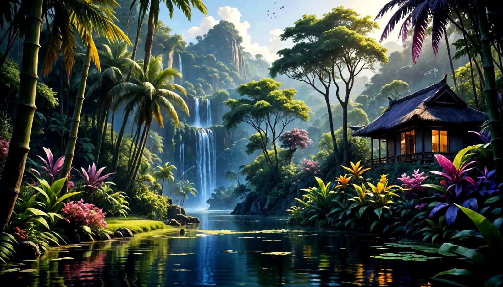 Vibrant Oil Painting of Tropical Paradise Waterfalls