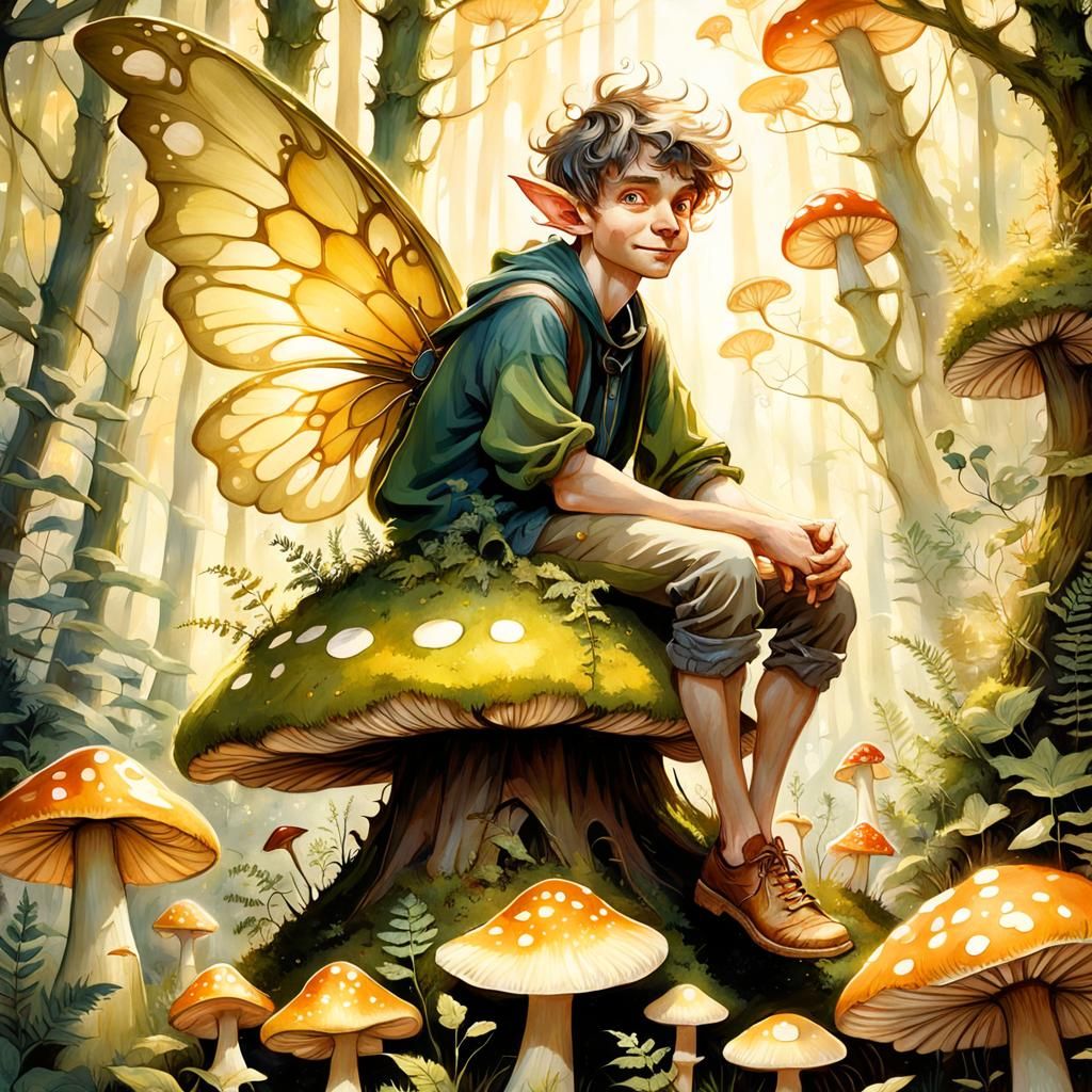 Ethereal Pixie on a Lush Toadstool in a Vibrant Forest