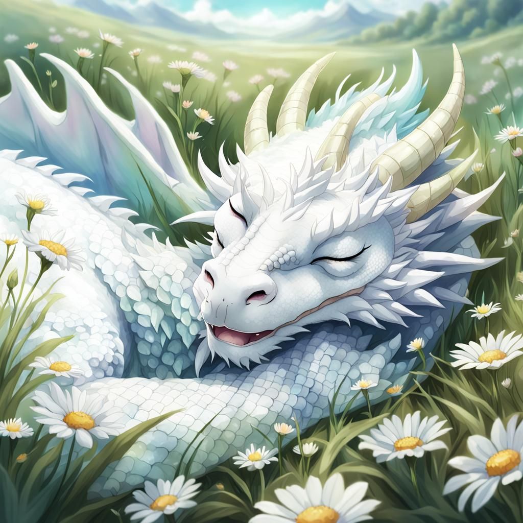 Dreamy White Dragon Sleeping in Spring Meadow
