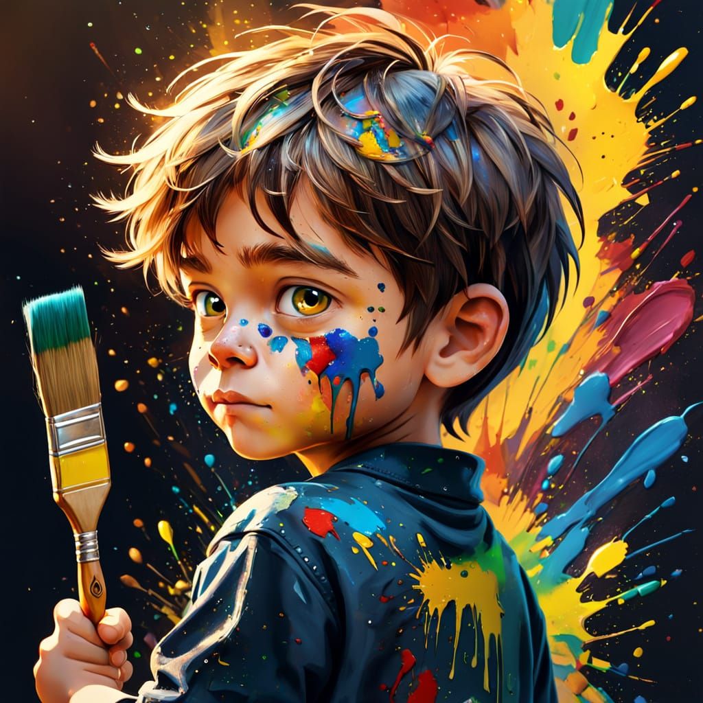 Playful Boy with Paintbrush in Cartoon Style