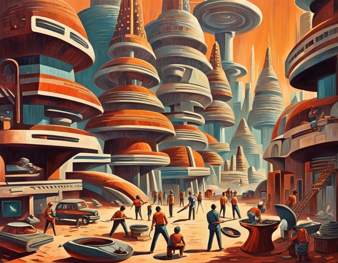 city in Mexico, Aztec themed, workers building, painting and...