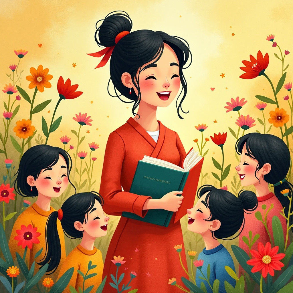 Joyful Teacher's Day Celebration in Folk Art Style
