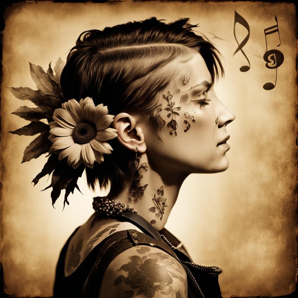 Sepia Portrait of Punk Woman with Floral Tattoo