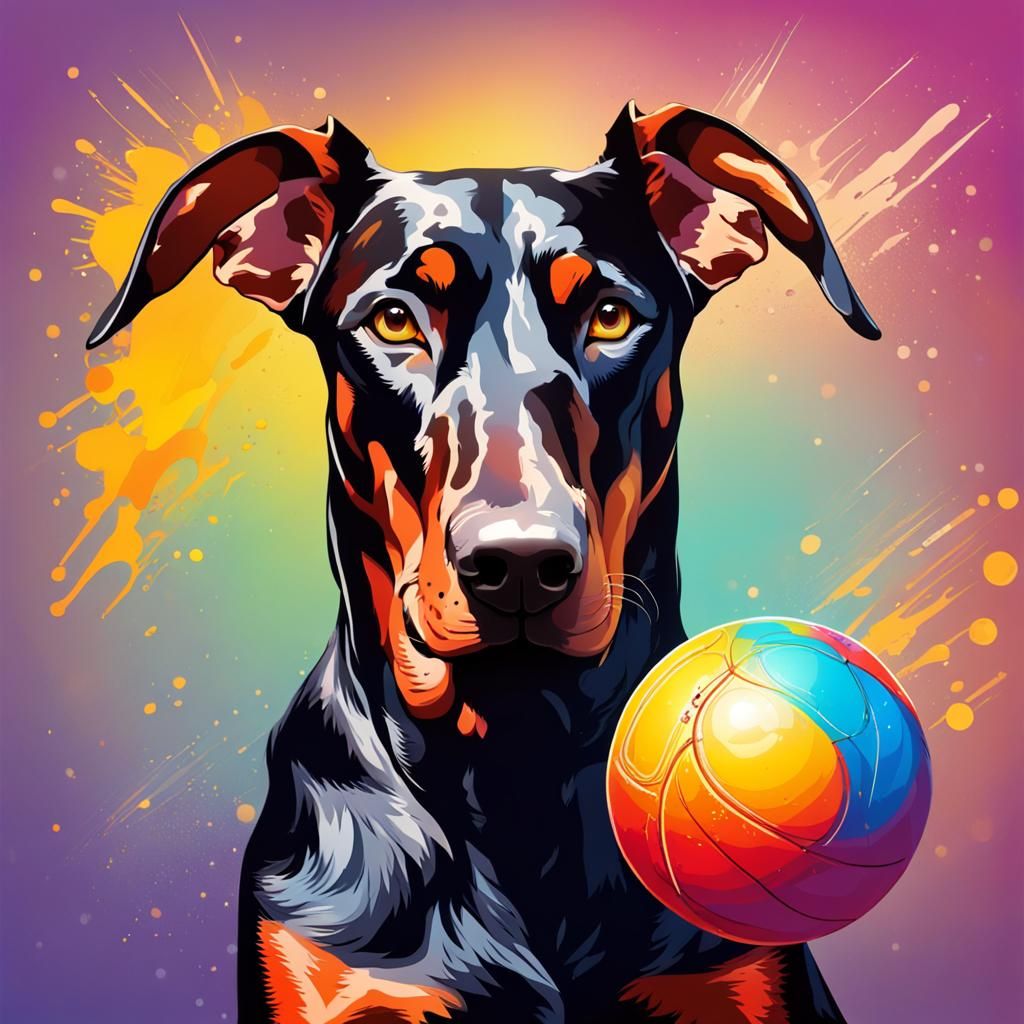 Doberman Pinscher with Ball in Splash Art Style